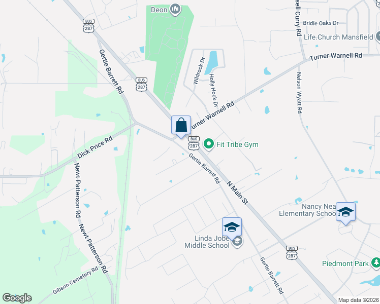 map of restaurants, bars, coffee shops, grocery stores, and more near 2801 North Main Street in Mansfield