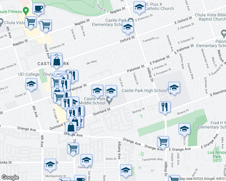 map of restaurants, bars, coffee shops, grocery stores, and more near 132 Prospect Street in Chula Vista