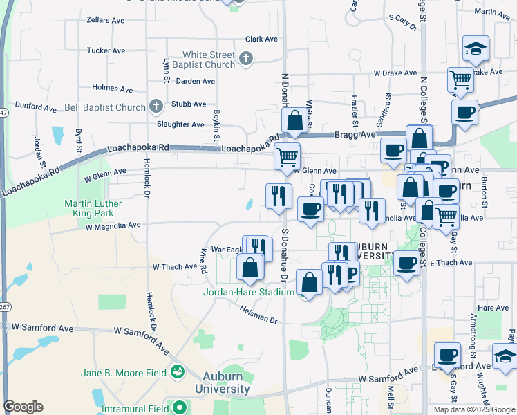 map of restaurants, bars, coffee shops, grocery stores, and more near 542 West Magnolia Avenue in Auburn