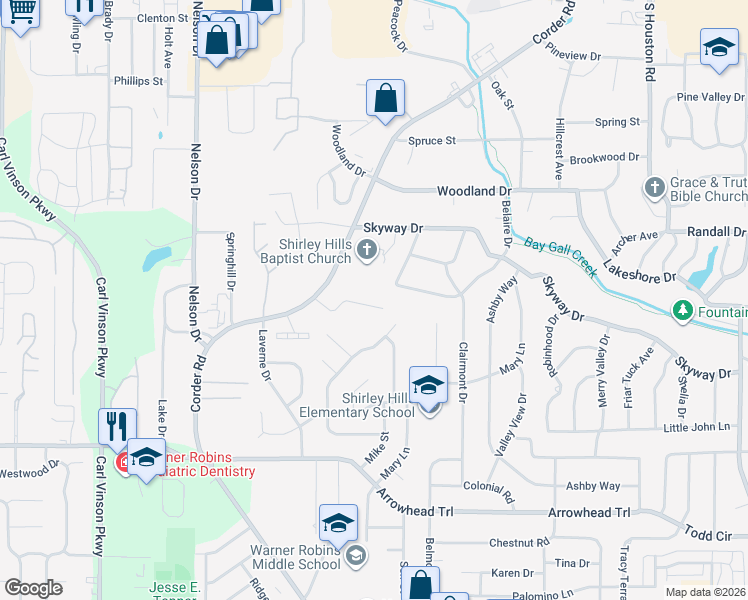 map of restaurants, bars, coffee shops, grocery stores, and more near 128 Linda Kay Court in Warner Robins