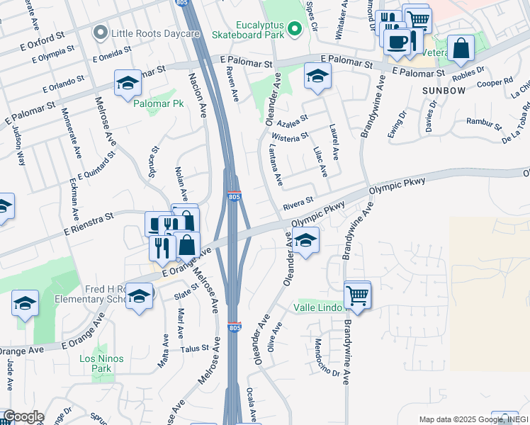 map of restaurants, bars, coffee shops, grocery stores, and more near 475 Rivera Court in Chula Vista