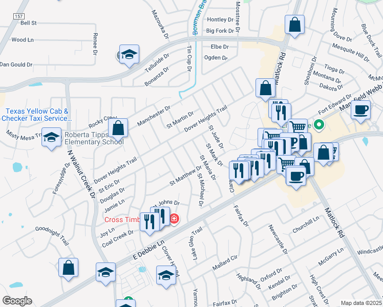 map of restaurants, bars, coffee shops, grocery stores, and more near 2908 Saint Michael Drive in Mansfield