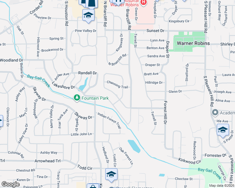 map of restaurants, bars, coffee shops, grocery stores, and more near 503 Granada Terrace in Warner Robins