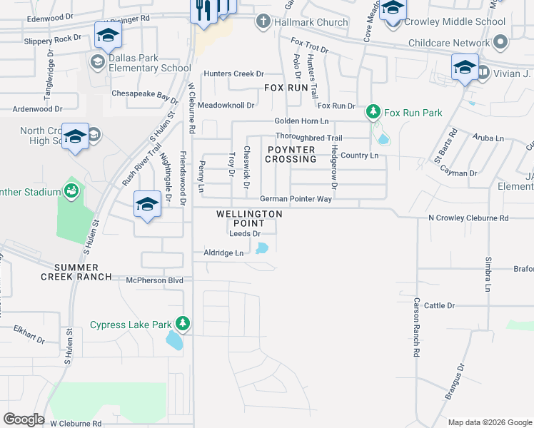 map of restaurants, bars, coffee shops, grocery stores, and more near 4216 Glen Abbey Drive in Crowley