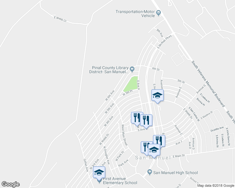 map of restaurants, bars, coffee shops, grocery stores, and more near 140 West 5th Avenue in San Manuel
