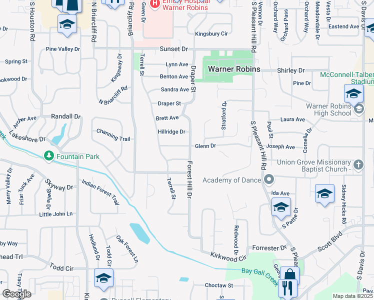 map of restaurants, bars, coffee shops, grocery stores, and more near 101 Glenn Drive in Warner Robins