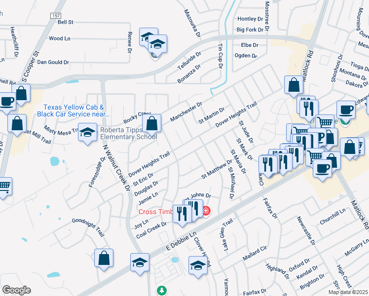 map of restaurants, bars, coffee shops, grocery stores, and more near 708 Dover Heights Trail in Mansfield