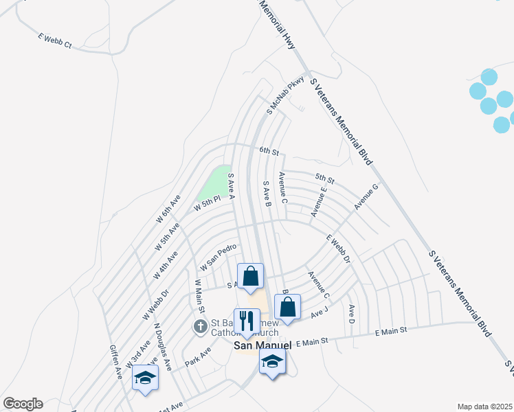 map of restaurants, bars, coffee shops, grocery stores, and more near 236 South Avenue B in San Manuel