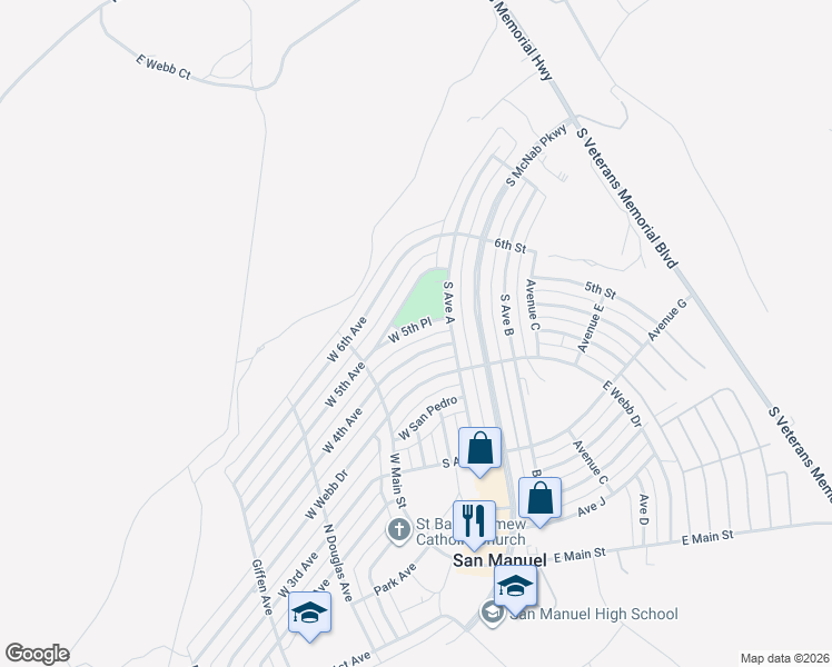 map of restaurants, bars, coffee shops, grocery stores, and more near 113 West 5th Place in San Manuel
