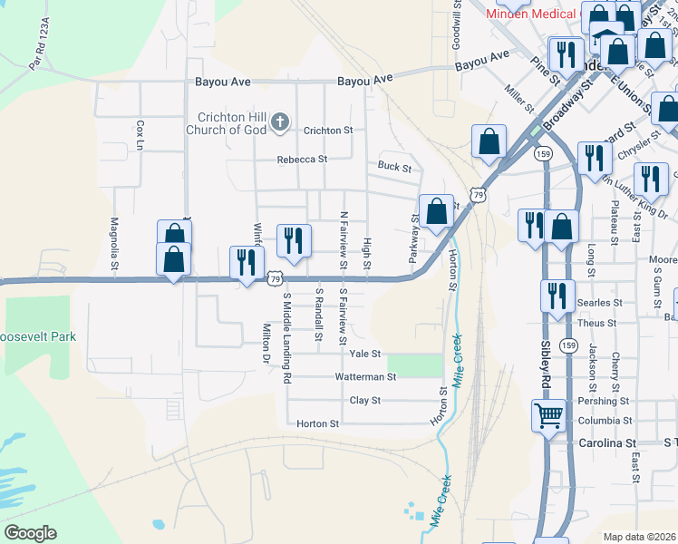 map of restaurants, bars, coffee shops, grocery stores, and more near 101 North Fairview Street in Minden