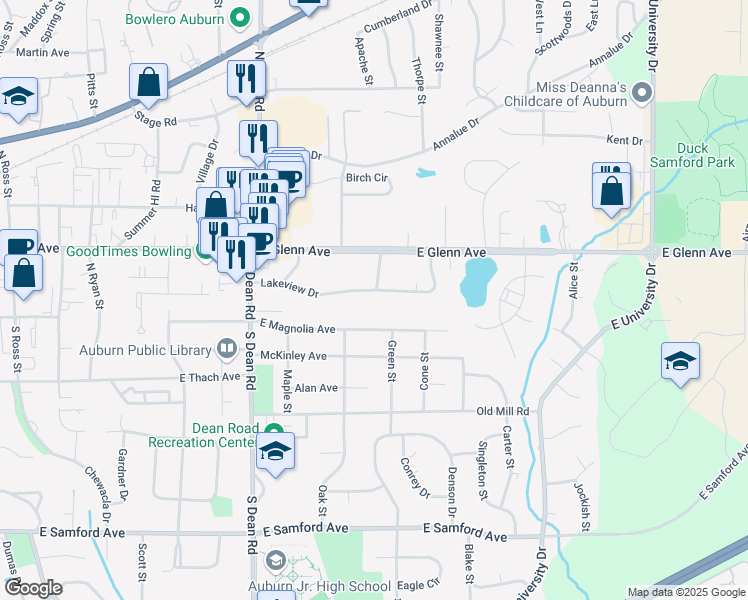 map of restaurants, bars, coffee shops, grocery stores, and more near 1032 Lakeview Drive in Auburn