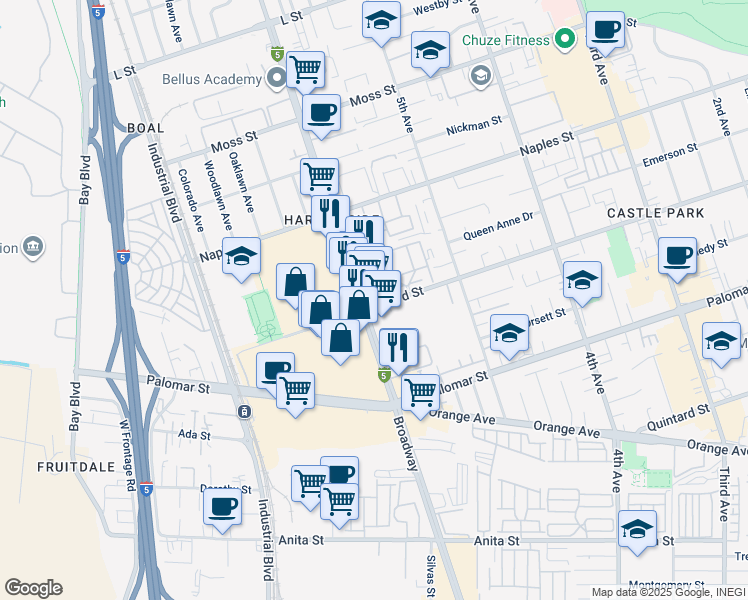 map of restaurants, bars, coffee shops, grocery stores, and more near 564 Oxford Street in Chula Vista