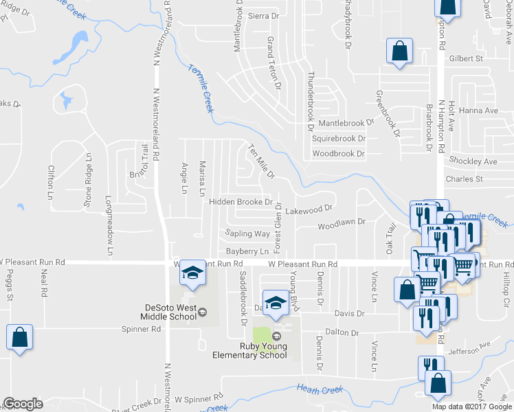 map of restaurants, bars, coffee shops, grocery stores, and more near 532 Hidden Brooke Drive in DeSoto