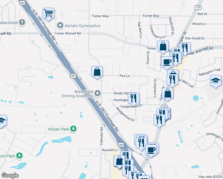 map of restaurants, bars, coffee shops, grocery stores, and more near 1 Sue Court in Mansfield