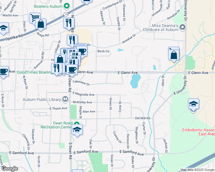 map of restaurants, bars, coffee shops, grocery stores, and more near 1032 Lakeview Drive in Auburn