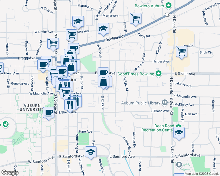 map of restaurants, bars, coffee shops, grocery stores, and more near 409 East Magnolia Avenue in Auburn