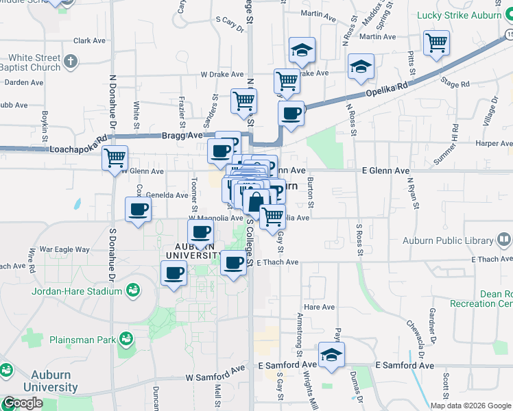 map of restaurants, bars, coffee shops, grocery stores, and more near 109 North College Street in Auburn