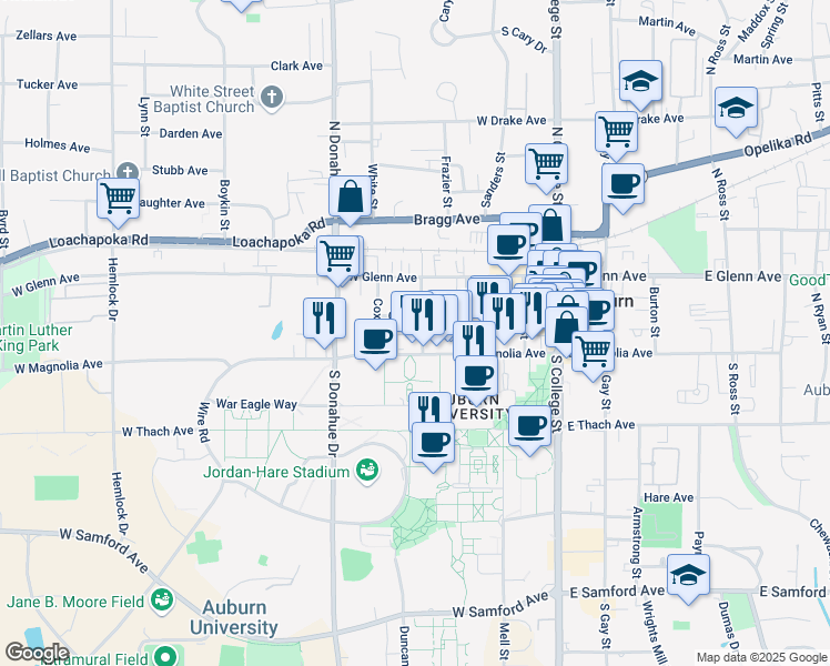 map of restaurants, bars, coffee shops, grocery stores, and more near 362 West Magnolia Avenue in Auburn