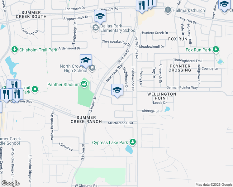 map of restaurants, bars, coffee shops, grocery stores, and more near 4520 Corner Brook Lane in Fort Worth