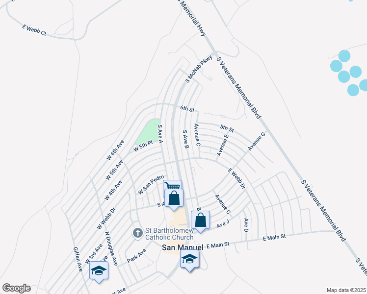 map of restaurants, bars, coffee shops, grocery stores, and more near 236 South Avenue B in San Manuel