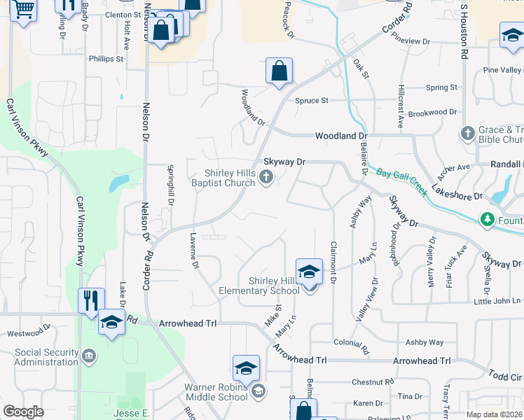 map of restaurants, bars, coffee shops, grocery stores, and more near 128 Linda Kay Court in Warner Robins