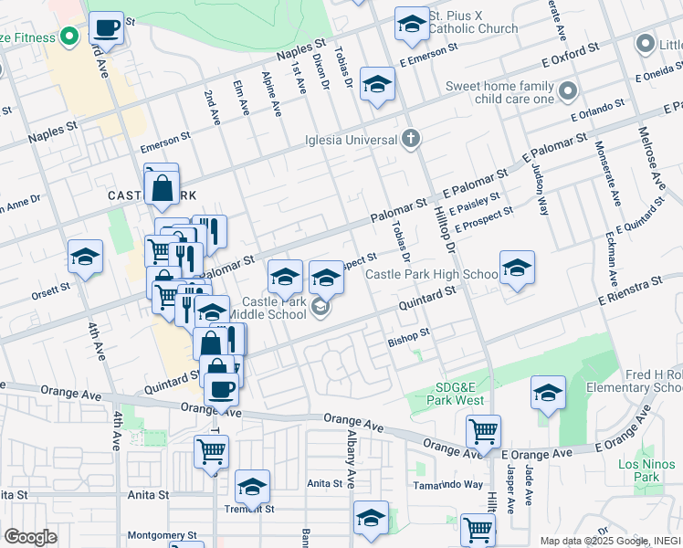 map of restaurants, bars, coffee shops, grocery stores, and more near 120 Prospect Street in Chula Vista
