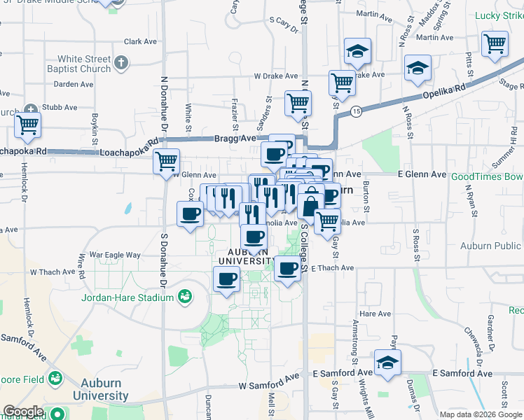 map of restaurants, bars, coffee shops, grocery stores, and more near 266 West Magnolia Avenue in Auburn