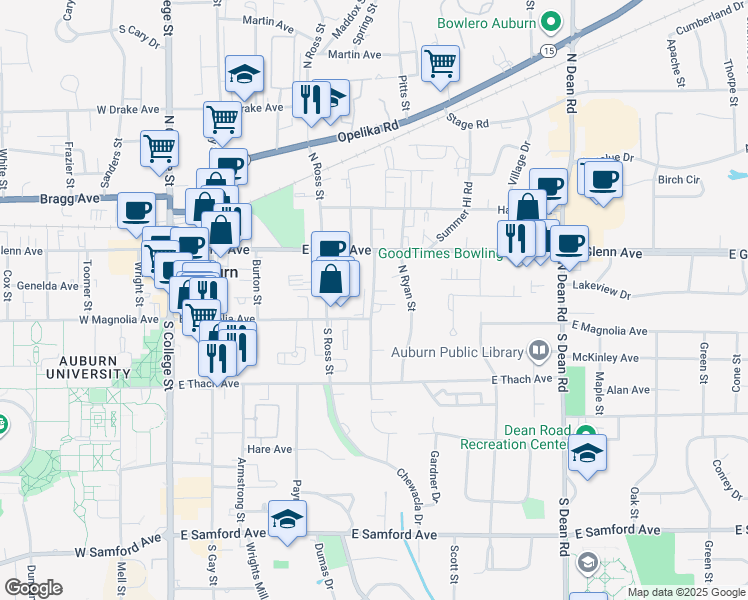 map of restaurants, bars, coffee shops, grocery stores, and more near 112 North Debardeleben Street in Auburn