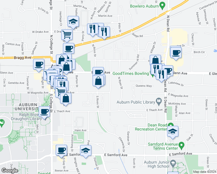 map of restaurants, bars, coffee shops, grocery stores, and more near 115 North Debardeleben Street in Auburn