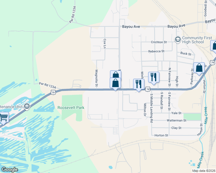 map of restaurants, bars, coffee shops, grocery stores, and more near 1421 Shreveport Road in Minden