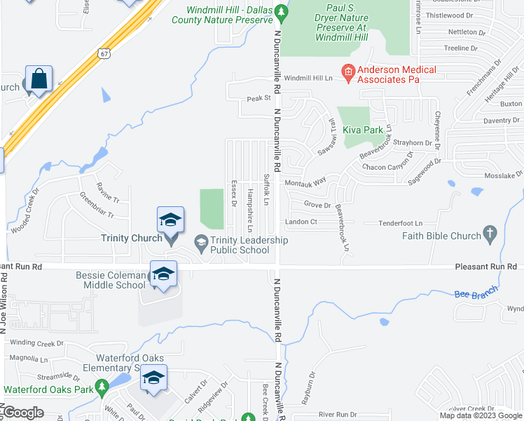 map of restaurants, bars, coffee shops, grocery stores, and more near 1049 Suffolk Lane in Cedar Hill