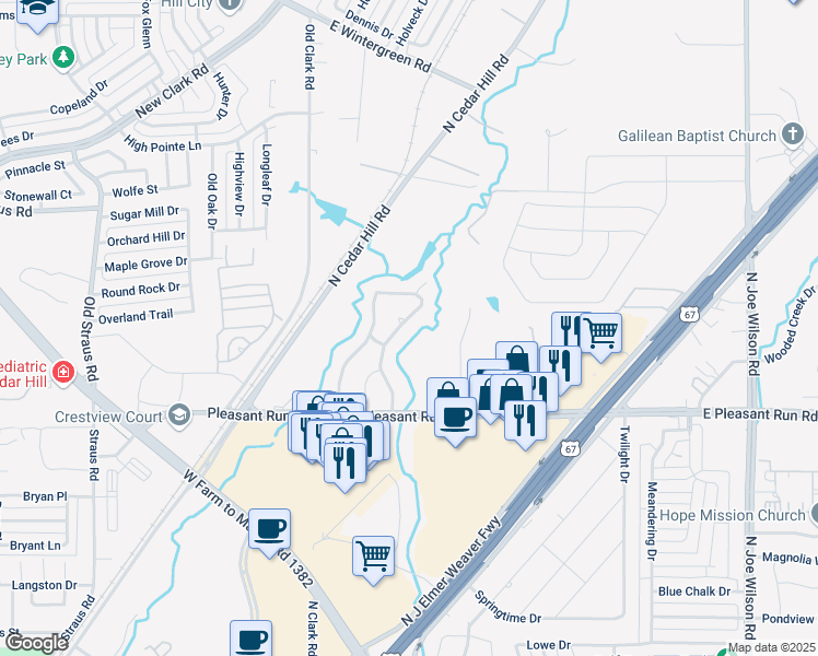 map of restaurants, bars, coffee shops, grocery stores, and more near 1100 Balfour Drive in Cedar Hill