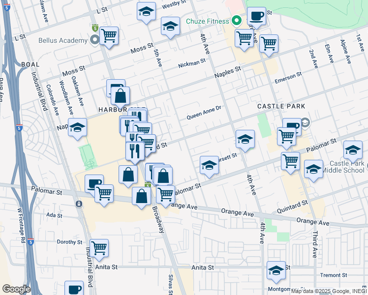 map of restaurants, bars, coffee shops, grocery stores, and more near 1212 5th Avenue in Chula Vista