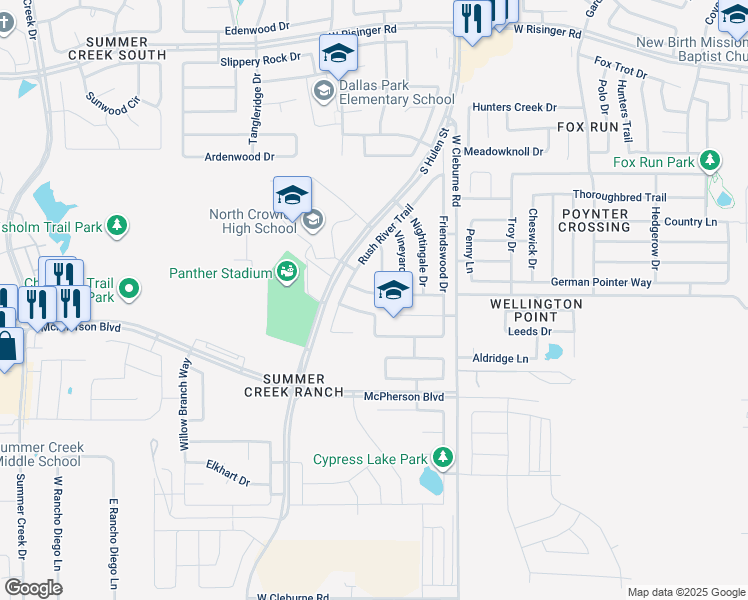 map of restaurants, bars, coffee shops, grocery stores, and more near 4520 Corner Brook Lane in Fort Worth