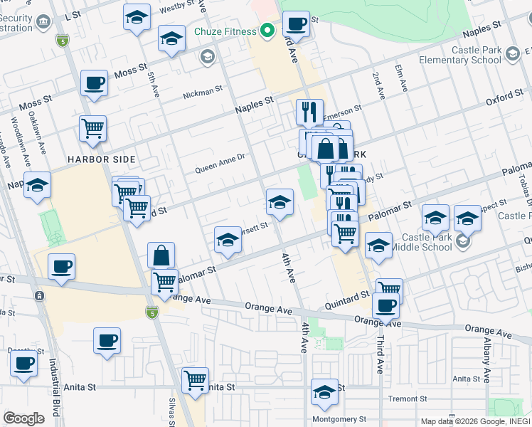 map of restaurants, bars, coffee shops, grocery stores, and more near 1252 4th Avenue in Chula Vista