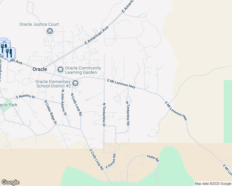map of restaurants, bars, coffee shops, grocery stores, and more near 1790 North Timberline Drive in Oracle