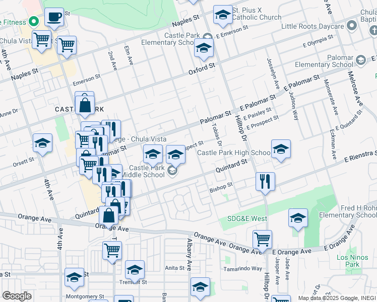 map of restaurants, bars, coffee shops, grocery stores, and more near 120 Prospect Street in Chula Vista