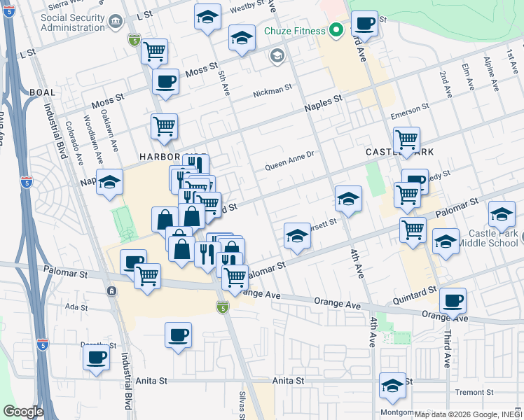 map of restaurants, bars, coffee shops, grocery stores, and more near 1212 5th Avenue in Chula Vista