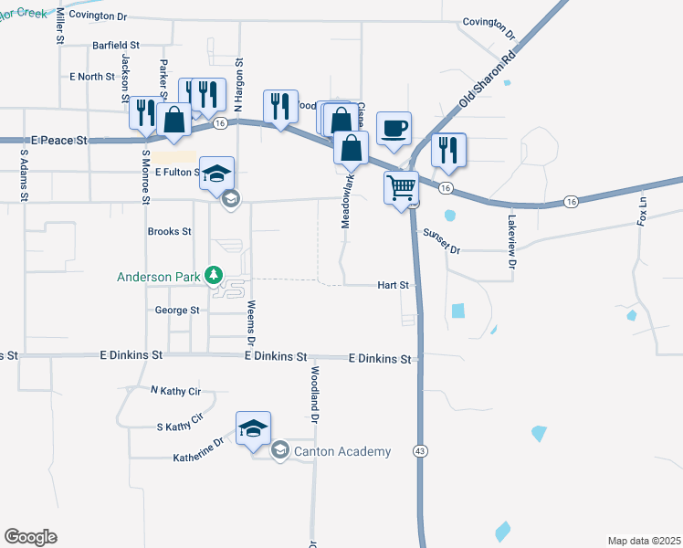 map of restaurants, bars, coffee shops, grocery stores, and more near 433 Meadowlark Drive in Canton