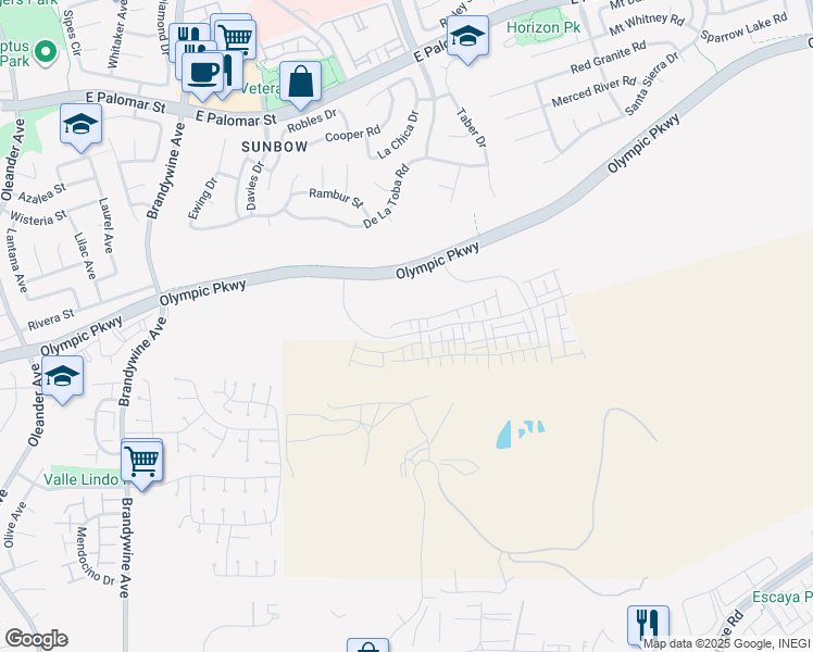 map of restaurants, bars, coffee shops, grocery stores, and more near Olympic Parkway in Chula Vista