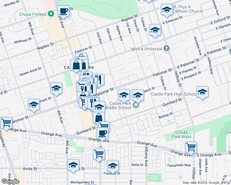 map of restaurants, bars, coffee shops, grocery stores, and more near 226 Palomar Street in Chula Vista