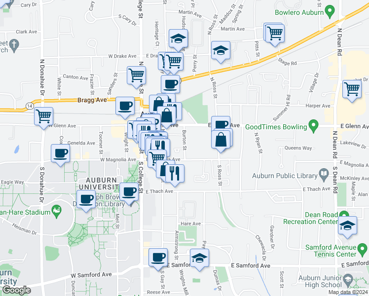 map of restaurants, bars, coffee shops, grocery stores, and more near 120 Burton Street in Auburn