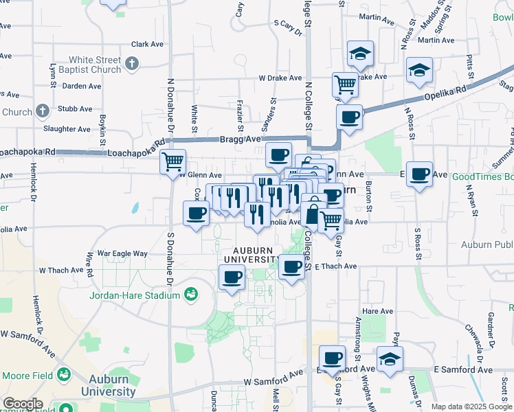 map of restaurants, bars, coffee shops, grocery stores, and more near 266 West Magnolia Avenue in Auburn