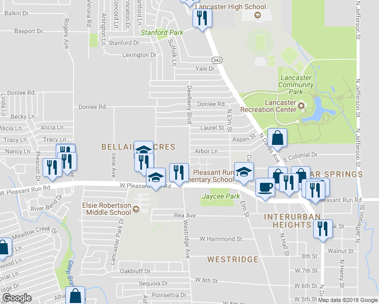 map of restaurants, bars, coffee shops, grocery stores, and more near 1607 Dewberry Boulevard in Lancaster