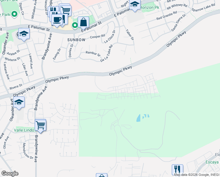 map of restaurants, bars, coffee shops, grocery stores, and more near Olympic Parkway in Chula Vista