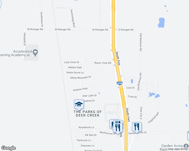 map of restaurants, bars, coffee shops, grocery stores, and more near 10048 Iron Ridge Drive in Fort Worth