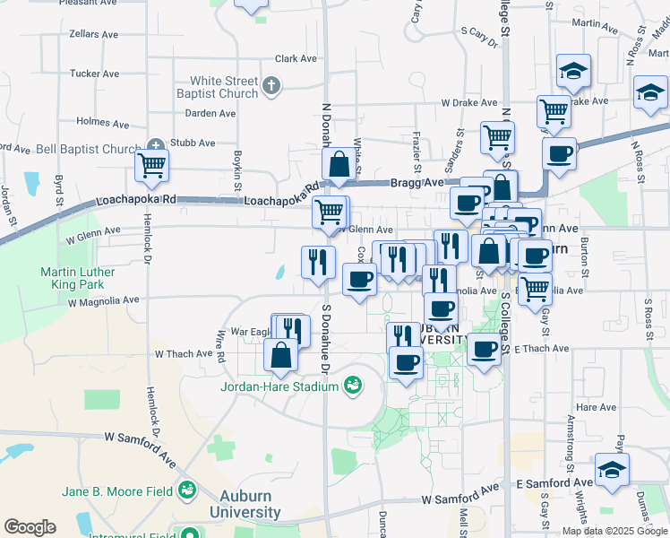 map of restaurants, bars, coffee shops, grocery stores, and more near 128 North Donahue Drive in Auburn