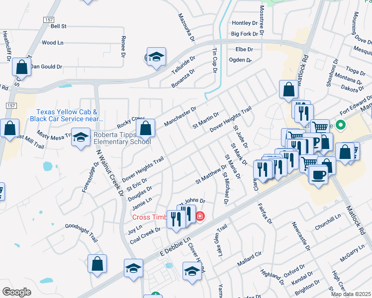 map of restaurants, bars, coffee shops, grocery stores, and more near 708 Dover Heights Trail in Mansfield