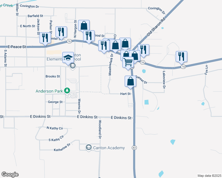 map of restaurants, bars, coffee shops, grocery stores, and more near 433 Meadowlark Drive in Canton