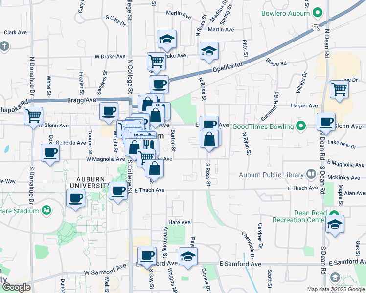 map of restaurants, bars, coffee shops, grocery stores, and more near 315 East Magnolia Avenue in Auburn